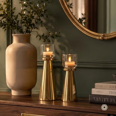 Behoma Handcrafted Golden Tea Light Candle Holders Set of 2 | Premium Metal & Glass Candle Stand | Centerpiece for Living Room, Coffee Tables & Home Decor Gift (Candles Not Included)