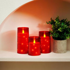 Flameless LED Pillar Candle Set of 2 | Acrylic Fiber Glass | Dancing Faux Wick | Remote Control with Battery Operated 3 AA | Home Décor & Gifting | 3" D x 6" H | Red