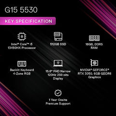 Dell Gaming G15-5530, Intel Core i5 13th Gen-13450HX, NVIDIA GeForce RTX 3050-6GB, 16GB RAM, 512GB SSD, FHD 250nits 15.6"/39.62cm, 120Hz, Windows11, MSOffice 2021,Dark Shadow Gray,2.65Kg Gaming Laptop