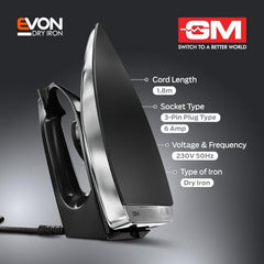 GM Ferro 1200W Heavyweight Dry Iron Press 1.75 Kg | Dual Layer German Non-Stick Coating with 2 Yrs Warranty | Shock Proof Iron Box for Clothes with 1.8M Cord Length | Enhanced Back Rest for Safety