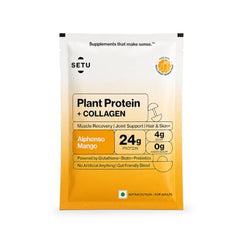 Setu Plant Protein + Veg Collagen | 24g Protein with Glutathione & Biotin | Pea & Rice Isolate | For Muscle, Skin & Hair | Protein Powder for Men & Women | Alphonso Mango Flavour | (1 Sachet Single Serve)