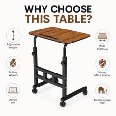 Amazon Basics Adjustable Sofa Side Table with Wheels, Portable Bedside Table for Bed and Sofa, Rolling Study Desk, Height Adjustable 26-34 Inch, 23.5 x 15.5 Inch Top Brown