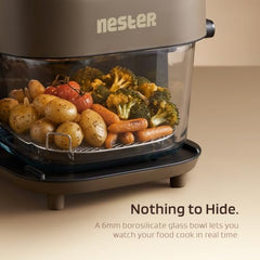Nester Home Cook Glass Air Fryer 6.2 Ltr with 6mm Borosilicate Glass bowl and SteamLock™ Technology | 1600 W | 9 Smart Presets | Auto Clean Function | 100% Toxin Free | 3-year Warranty | Dalgona Brown
