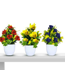 Asharya® Artificial Flower Plants for Home Décor – Set of 4 Mini Potted Plants (7 Inch) in White Pots | Pink, Yellow, Red & Blue Faux Flowers for Living Room, Office, Indoor Outdoor Decoration