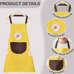 MOMISY Waterproof Kitchen Apron, Cooking Apron with Large Front Pocket, Daisy Print Design (Yellow)