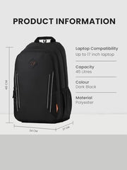Wildcraft Dark Edition 45 L Premium Laptop Backpack for Men & Women | Fits 15.6 inch Laptop | Padded Shoulder Straps, Multi Compartments, Anti-Theft Zippers | Business Travel Bag | Dark Black