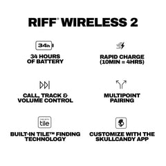 Skullcandy Riff 2 On-Ear Wireless Headphones, 34 Hr Battery, Microphone, Works with iPhone Android and Bluetooth Devices - Black