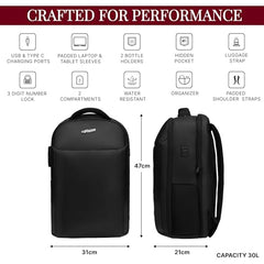 F Gear Kaneki Black 30L Premium Soft Touch Laptop Backpack | Fits 17” Laptop | USB & Type-C Charging, Number Lock, Tablet Sleeve, Hidden Pocket & Luggage Strap | Office & Travel