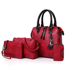 MOMISY Set of 4 Pieces Leather Finish PU Material Ladies Hand Bag, Clutch and Wallet for women (Red)