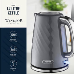 Tower Electric Kettle 1.7L Metal Body Auto Shut-Off 360° Base Blue | 1.7L capacity, 1350W rapid boil, full metal body, auto shut-off and boil-dry protection, 360-degree swivel power base