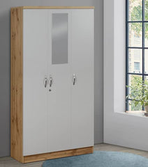 DeckUp Plank Cove 3-Door Engineered Wood Wardrobe with Mirror (Wotan Oak and White, Matte Finish)