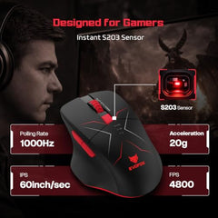 EvoFox Shadow X Pro Wireless Gaming Mouse Tri-Mode Rechargeable | BT, USB 2.4G & Wired, S203 Sensor, 1000Hz Polling Rate, 6400 DPI, RGB Lighting, 6 Programmable Buttons, Software Support