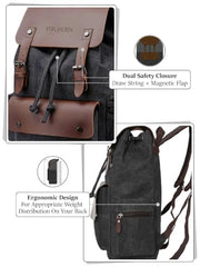 FUR JADEN Eco Friendly Travel 4 Compartment Laptop Backpack Made of Water Resistant Sustainable Canvas and Vegan Leather for Unisex for Travel Hiking Work (Coffee)