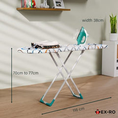 TEX-RO Ironing Board with Iron Stand | Foldable Iron Table for Ironing Clothes with Adjustable Height, Cotton Padded Press Table, Heat-Resistant Rest & Anti-Skid Legs - White