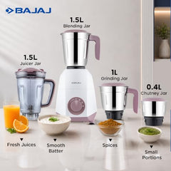 Bajaj GX-1 Mixer Grinder 500W | Superior Mixie For Kitchen | 2-In-1 For Dry Grinding | Blade Function With Titan Motor | 3 Stainless Steel Mixer Jars | 1 Year Product Warranty By Bajaj 【Blue】