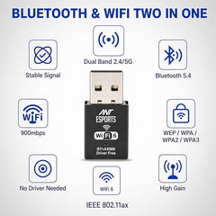 Ant Esports AE900X SmartChoice Dual Band WiFi 6 USB Dongle with Bluetooth 5.4, 900Mbps Speed (2.4GHz + 5GHz), MU-MIMO, Plug & Play, WPA3 Security, Hotspot Mode, Windows Compatible