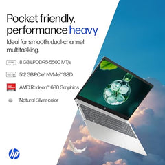 HP 15 Smartchoice, AMD Ryzen 3 7320U (8GB LPDDR5, 512GB SSD) FHD, Anti-Glare, Micro-Edge, 15.6''/39.6cm, Win11, M365 Basic(1yr)* Office24, Silver, 1.59kg, fc0500AU, FHD Camera w/Privacy Shutter Laptop