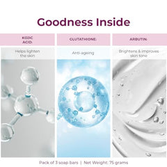 Kozicare Skin brightening Soap | 0.5% Kojic Acid, 0.5% Vitamin C, 0.3% Glutathione, 0.5% Arbutin | For Dark Spot Reduction & Pigmentation | Pack of 3 (75g each) | For Men & Women