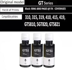 Printer Ink Refill Dye Ink for HP GT53 GT52 Compatible for HP Ink Tank 115, 310, 315, 319, 410, 415, 416, 419, 455, 500, 515, 530, 615, GT 5810, GT 5811, GT 5820 (GT51 ST+BK)