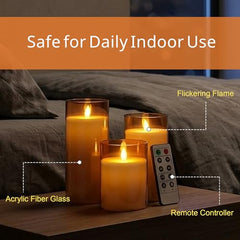 Flameless LED Pillar Candle Set of 2 | Acrylic Fiber Glass | Dancing Faux Wick | Remote Control with Battery Operated 3 AA | Home Décor & Gifting | 3" D x 6" H | Red