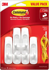 Command 3M Medium Plastic Wall Hooks, White, Heavy Duty, Reusable, Multi-Surface Adhesive Hooks for Wall