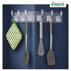 JIALTO 1 Pcs Wall Hanger Hooks | Strong Self Adhesive Magic Sticker Hook for Clothes, Towels & Accessories | 6 Hook Strip for Home, Bathroom & Kitchen - Transparent