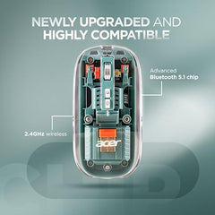 acer Clearview Transparent Wireless Mouse with Triple-Mode Connectivity, Silent Click Tech, Metal Scroll Wheel,1600 DPI Optical Sensor, USB-C Charging, Compatible Windows, MacOS, iOS, Android-Green