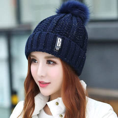 SYGA Winter Beanie Hat For Women Warm Woolen Lining Knit Bobble Pom Pom Skull Cap Fleece Lined Warm Cap Outdoor Hat - Beige, Free Size