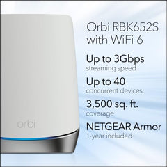 NETGEAR Orbi Whole Home Tri-Band Mesh WiFi 6 System (RBK652S) – Router + 1 Satellite Extender - Security Features - Coverage up to 3,500 sq. ft., 40 Devices - AX3000 (up to 3Gbps)