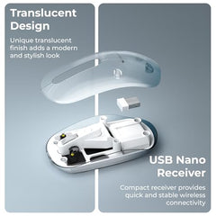Zebronics Sheer Pro Wireless Mouse, Translucent Design, Up to 1600 DPI, Dual Mode 2.4GHz + BT, 4 Buttons, Type-C Rechargeable, Silent Clicks, USB Nano Receiver, Ergonomic Design (Blue)