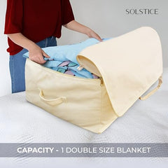 SOLSTICE Extra Large Cotton Canvas Blanket Storage Bags with Zipper, 4 Handles & Window | for Saree, Pillows, Blankets, Rajai & Seasonal Clothes as Wardrobe Organizer and Under Bed Storage | Pack of 2