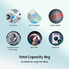 Samsung 8 Kg 5 Star Eco Bubble Technology, AI Control & Wi-Fi, Fully-Automatic Front Loading Washing Machine Appliance (WW80T504DAN1TL, Digital Inverter, In-Built Heater, Inox)
