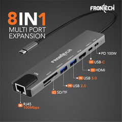 Frontech 8-in-1 Multi-Port Expansion Hub, Dual Input (USB-C & USB), High-Speed Data Transfer, Metal Matt Finish, Backed with 1 Year Warranty (NC-0058)
