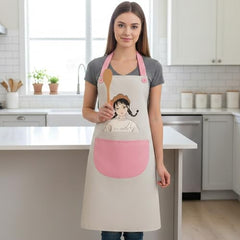 MOMISY Waterproof Kitchen Apron, Cooking Apron with Large Front Pocket, Cute Girl Print Design (OffWhite Pink)