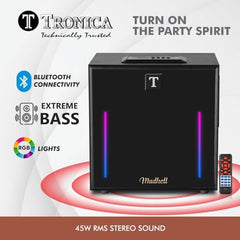 TRONICA Madhell 2.0 Home Theatre Speaker with 45W RMS Output, Bluetooth v5.0, USB, AUX, FM Radio, Wooden Soundbox, Heavy Bass, RGB Lights, LED Display & Remote