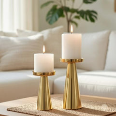 Behoma Handcrafted Golden Tea Light Candle Holders Set of 2 | Premium Metal & Glass Candle Stand | Centerpiece for Living Room, Coffee Tables & Home Decor Gift (Candles Not Included)