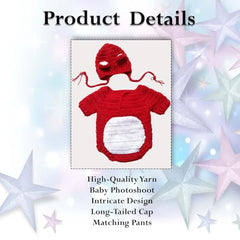 MOMISY Handmade Crochet Baby Romper Set, Red Bear Design with White Belly, Matching Cap, Photography Costume Prop