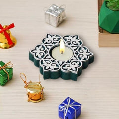 eCraftIndia Wooden Floral Printing Block Decorative Tea Light Candle Holders (Set of 12, Green White) Diwali Christmas Decorations Items for Home Office Christmas Gifts for Women Men Family Friend
