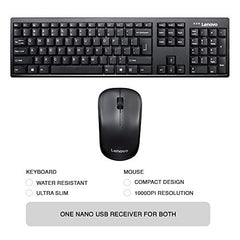 Lenovo 100 Wireless Keyboard and Mouse Set, Ambidextrous 1000 DPI Mouse Optical Sensor, upto 3M clicks, Ultra slim water resistant keyboard, 2.4 GHz Wireless Nano USB, upto 1yr battery life GX30L66303