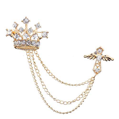 SYGA Men's & Women Regal Crown Suit Shirt Stud Lapel Pin Chain Tassel Brooch Pin with Crystal Chain(Gold)