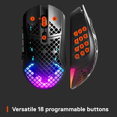 SteelSeries Aerox 3 Wireless Gen 2 - Ultralight 68g Gaming Mouse, 4K Polling, 26K DPI Optical Sensor, 200 Hours Battery Life, IP54, 80 Million Clicks, RGB, Pure PTFE Gliding Feet, Shadow