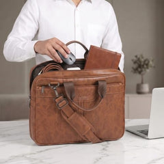 RIONTO Elite Vegan Leather Laptop Bags for Men Office Use | Upto 15.6 inch | Expandable Bottom | Mobile & Pen Compartment with Multiple Organizers | Professional Office Bag for Man & Women - Tan