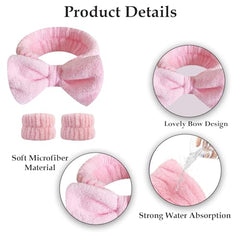 MOMISY Face Wash Headband and Wristband Setfor women ladies girls female, Stretchy Bowknot Design, Super Absorbent Flannel, for Face Washing, Makeup, Yoga (Pink, Free)