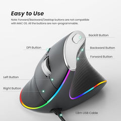 Nulea Wired Vertical Mouse, USB Ergonomic Optical Mouse with 4 Adjustable DPI, 11 RGB Backlight Modes, Compatible for Laptop, PC, Desktop, Mac, Grey