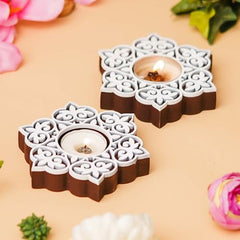 eCraftIndia Wooden Floral Printing Block Decorative Tea Light Candle Holders (Set of 12, Green White) Diwali Christmas Decorations Items for Home Office Christmas Gifts for Women Men Family Friend