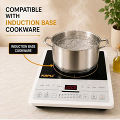 KAPLI 2000 W Induction Cooktop with Touch Panel, 8 Preset Cooking Functions, 4-Digit LED Display, Auto Pan Detection & High-Low Voltage Protection – Black & White