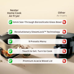 Nester Home Cook Glass Air Fryer 6.2 Ltr with 6mm Borosilicate Glass bowl and SteamLock™ Technology | 1600 W | 9 Smart Presets | Auto Clean Function | 100% Toxin Free | 3-year Warranty | Dalgona Brown