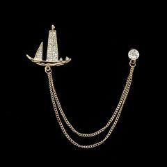 SYGA Men's & Women Suit Shirt Stud Lapel Pin Chain Tassel Brooch Pin with Crystal Chain(golden sail)