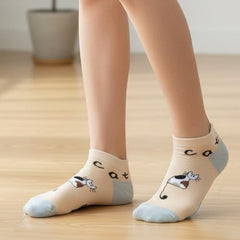 MOMISY Cute Cat Design Ankle Socks Pastel Colors, Low-Cut Casual Wear Pack of 5 (Multicolor)