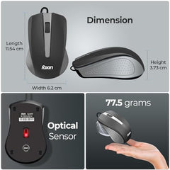 Foxin Glance Grey Wired USB Mouse | 1200 DPI Optical Sensor | Ergonomic & Lightweight (68g) with 3-Button | Plug & Play | 1.2M Cable | Silent Buttons | Wired Mouse for Laptop, PC, Desktop & Office Use